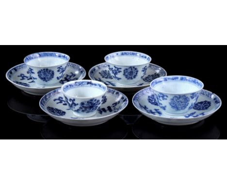 4 eggshell porcelain cups and saucers with blue floral decor, Kangxi/Yongzheng period ca. 1725 (various damage, including glu