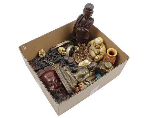Box with oriental objects including pottery and plastic statues, copper Buddha statue, 21 cm high, wooden mask and statue, br
