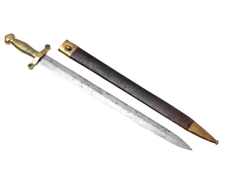 Short infantry saber (Glaive) M1855 with brass cross hilt and leather scabbard with two brass mounts. This model was used by 