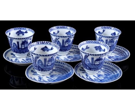 5 eggshell porcelain cups and saucers with blue 'Cuckoo from the cottage' decor, marked with crane, China Kangxi period ca. 1