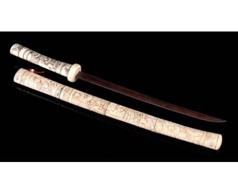 Katana in richly decorated bone scabbard with decor of various persons in kimonos and bone and mammoth ivory handle richly de