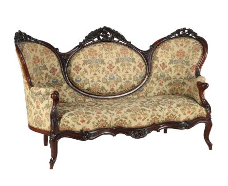 Mahogany richly decorated 3-seater sofa with floral upholstery, in Victorian style, 183 cm wide (piece of wood missing from d