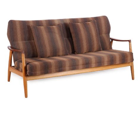 Henry Schubel (1906-)Oak 3-seater sofa with polychrome upholstery and teak armrests, design Aksel Bender-Madsen and Henry Sch