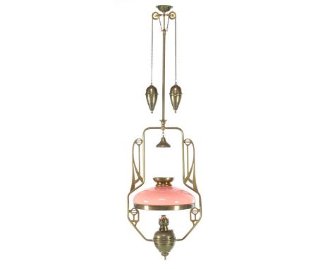 Brass Jugendstil pendant oil lamp with pink glass shade, 160 cm high, 50 cm wide