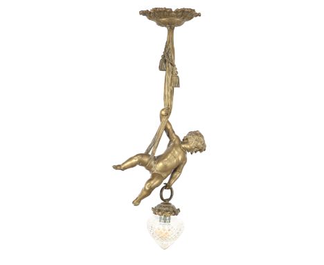 Classic hanging lamp with putto and glass shade, 75 cm high (part of the draped cloth broke off)