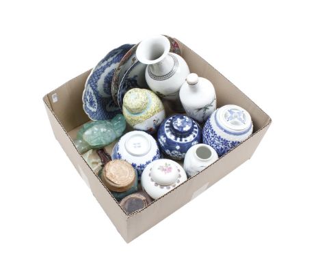 Box with various Chinese and Japanese porcelain, jadeite bust and horse (horse with broken leg), 19th and 20th century