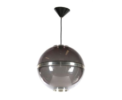 Purple plastic hanging lamp with aluminum accents, executed by Dijkstra, the Netherlands, 1970s, 32 cm in diameter
