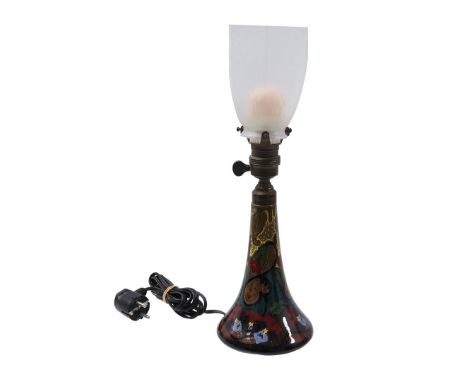 South Holland Gouda pottery table lamp with floral decor, model 755, year 1920, painter AG, with glass shade, 39 cm high
