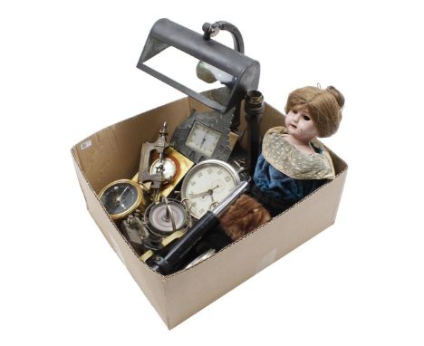 Box various Wed. clocks, 2 lamps, porcelain doll (sleeping eyes defective) and old tools