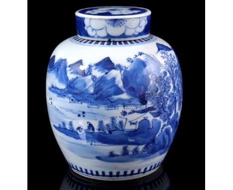 Porcelain ginger jar with blue decor of landscape, Kangxi marked, China 19th century, 15 cm high (lid not included)