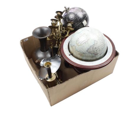 Box various b.u. 2 globes, DC Doll steam engine, marble and brass candlestick, metal bowl and earthenware ghendi