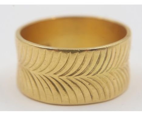 Wide gauge 22ct gold band ring, unusually waisted, size P, 7.9g. UK P&amp;P Group 0 (£6+VAT for the first lot and £1+VAT for 