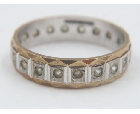 9ct white and yellow gold stone set full eternity ring, size P/Q, 2.9g. UK P&amp;P Group 0 (£6+VAT for the first lot and £1+V