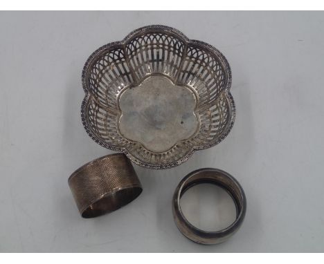Hallmarked silver pierced basket and two napkin rings, combined 93g. UK P&amp;P Group 1 (£16+VAT for the first lot and £2+VAT