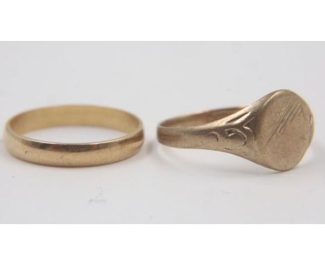 9ct gold signet ring, size P, 2.4g, with an unmarked gold band ring, size L, 1.7g. UK P&amp;P Group 0 (£6+VAT for the first l