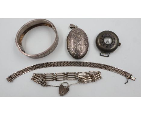 Hallmarked silver snap bangle, 925 silver oversized locket pendant (drop L: 60mm) and two silver bracelets, combined 65g, and