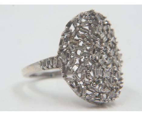 Sterling silver and 1ct natural baguette cut diamond oval cluster ring, size R. UK P&amp;P Group 0 (£6+VAT for the first lot 