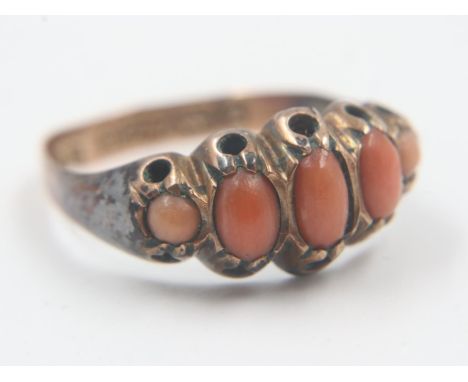 Victorian 9ct gold ring set with five graduating coral cabochons, mis-shapen, 1.3g. UK P&amp;P Group 0 (£6+VAT for the first 