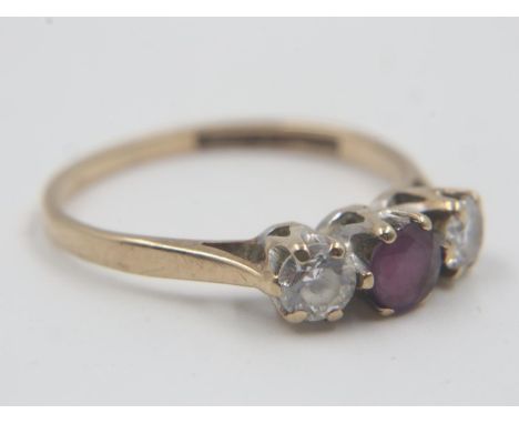 9ct gold ruby and cubic zirconia trilogy ring, size L, 1.5g. UK P&amp;P Group 0 (£6+VAT for the first lot and £1+VAT for subs