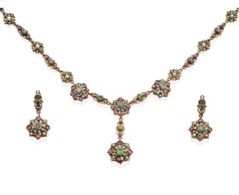 An Austro-Hungarian Necklace and Earring Suite, comprising links of step cut green beryl within clusters of alternating pink 