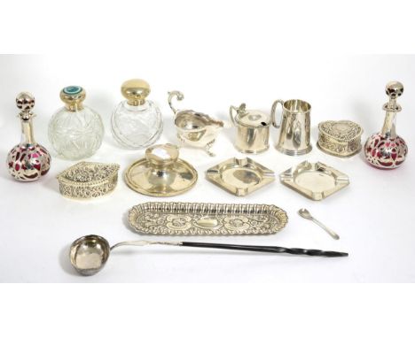 A Quantity of Assorted Silver Items, various dates and makers, comprising: a pair of silver mounted cranberry glass bottles a