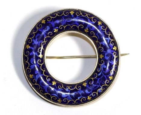 An Enamel Plaid Brooch, tones of blue guilloche enamel with a foliate scroll design with gilt detail, measures 5cm in diamete