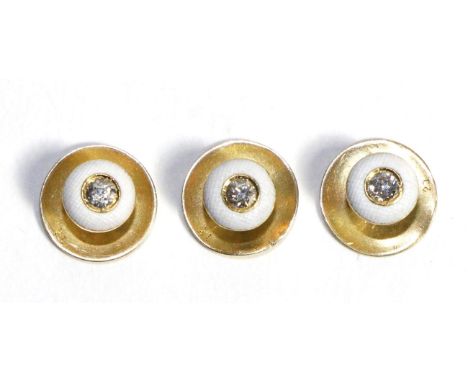 A Set of Three Old Cut Diamond and White Enamel Dress Studs, total estimated diamond weight 0.30 carat approximatelyThe dress