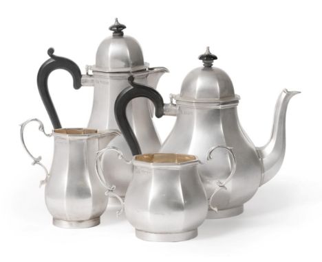 A Silver Four Piece Tea Service of Queen Anne Style, Elkington & Co, Birmingham 1937, of faceted baluster form, the teapot an