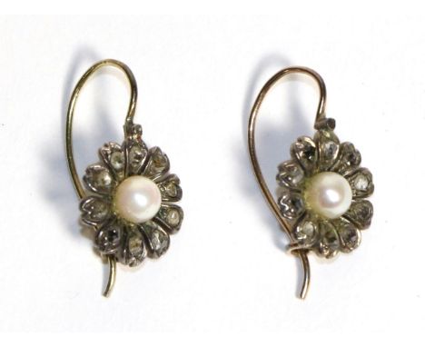 A Pair of Pearl and Diamond Cluster Earrings, a cultured pearl within a petal surround set with rose cut diamonds, with hook 