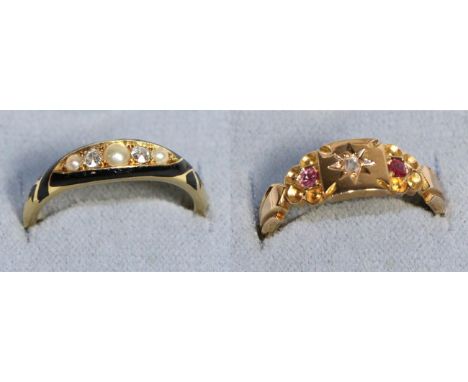 An 18 Carat Gold Pearl, Diamond and Enamel Mourning Ring, three seed pearls spaced by old cut diamonds within a black enamel 