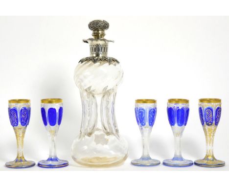 A Late Victorian Scottish Silver Mounted Glass Decanter, Robert Scott, Glasgow 1899, together with A Set of Five Bohemian Blu