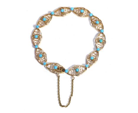 A Victorian Turquoise Bracelet, formed of open work milgrain links set at intervals with turquoise, length 19cm approximately