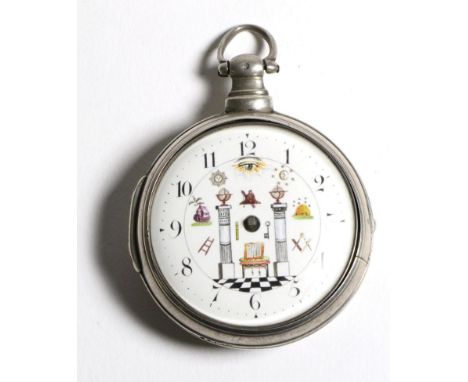 A Masonic Dial Silver Pair Cased Verge Pocket Watch, unsigned, 1815, gilt fusee movement, turned pillars, Arabic numeral enam