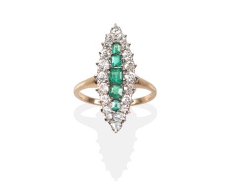 An Emerald and Diamond Navette Ring, a band of octagonal cut emeralds within a border of old cut diamonds, total estimated di