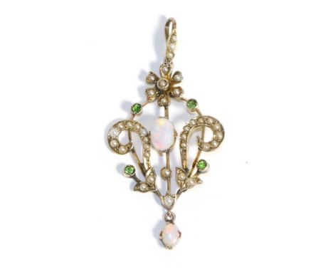 An Art Nouveau Opal, Demantoid Garnet and Seed Pearl Pendant, an oval cabochon opal to a scroll frame set throughout with see