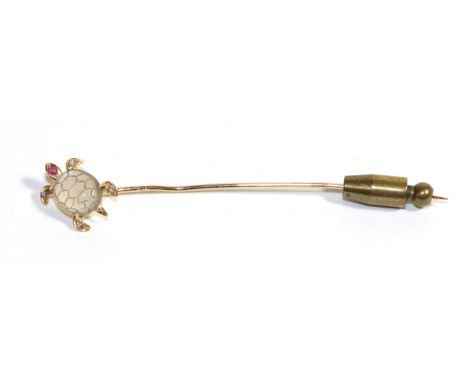 A Moonstone, Ruby and Diamond Sea Turtle Stick Pin, with a carved moonstone shell, a ruby set head and single-cut diamond set