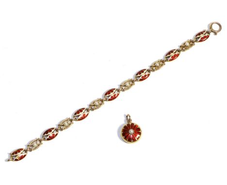 An Enamel and Pearl Bracelet, split oval links enamelled in red and white alternate with pearl set links, length 19cm, with a