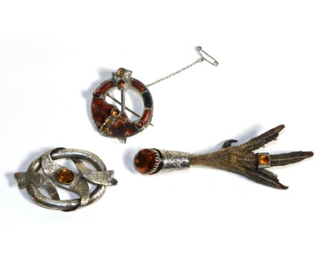 A Victorian Scottish Hardstone Plaid Brooch, set with hardstone plaques and citrine cabochons, measures 5cm by 4cm, A Paste S