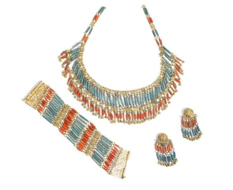 An Egyptian Revival Coral and Ceramic Bead Suite; comprising a Necklace, Bracelet and A Pair of Clip Earrings, formed of rows