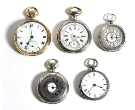 Four White Metal Pocket Watches, Gold Plated Pocket Watch and a Lady's Fob Watch, case stamped 9k (6)03.11.17, Cases with sur