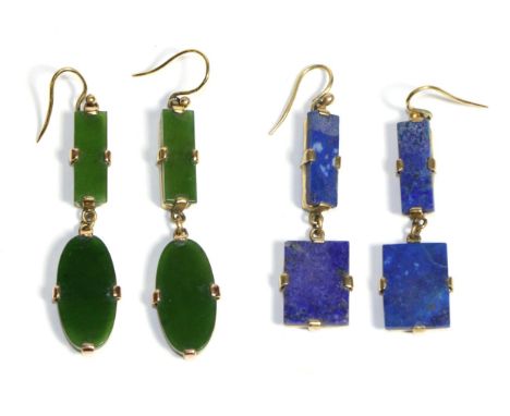 A Pair of Lapis Lazuli Earrings, a rectangular lapis lazuli plaque in a claw setting, suspending a large plaque, with hook fi