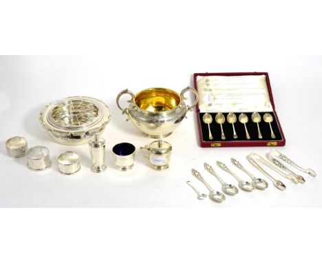 A Victorian Silver Twin-Handled Sucrier, Robert Hennell III, London 1847; together with a selection of silver including cruet