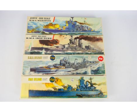 Airfix - 4 x boxed vintage model ship kits in 1:600 scale, HMS Warspite # F405S, HMS Belfast # 04212-3, HMS Nelson # 04203-9 