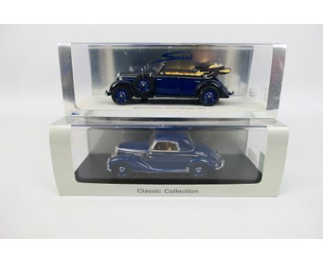 Spark - 2 x boxed Mercedes resin models in 1:43 scale, a 1937 320 D Cabriolet # S1054 and a W187 220 Coupe # 604 0489. The fr