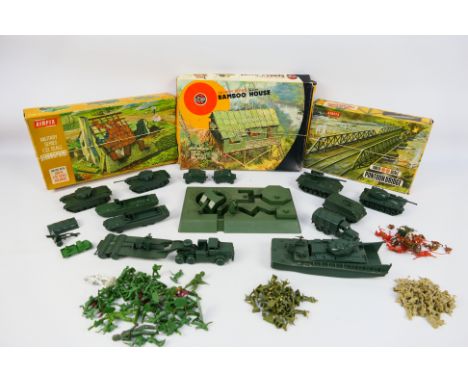 Airfix - 3 x boxed vintage sets and one unboxed, Bamboo House # 51507-4, Strongpoint # 1808, Pontoon Bridge # 1708 and an unb
