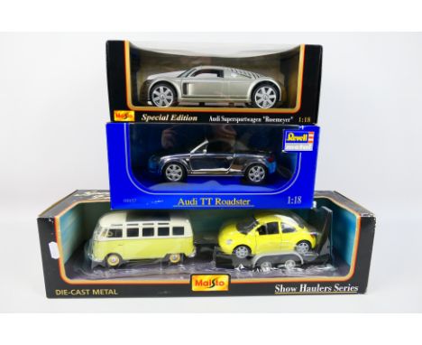 Maisto - Revell - Three boxed diecast vehicles in various scales. Lot consists of a Revell #08857 1:18 Audi TT Roadster; Mais