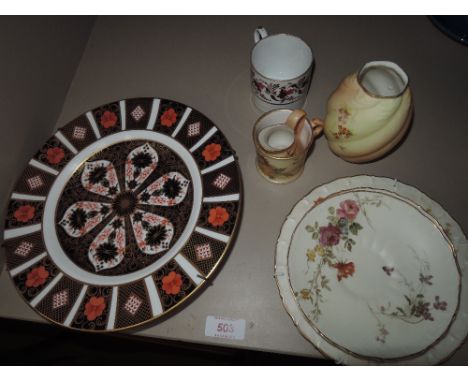 A pair of Royal Crown Derby plates in the Imari palette, a Royal China works naturalistic blush ground vase, a Royal Worceste