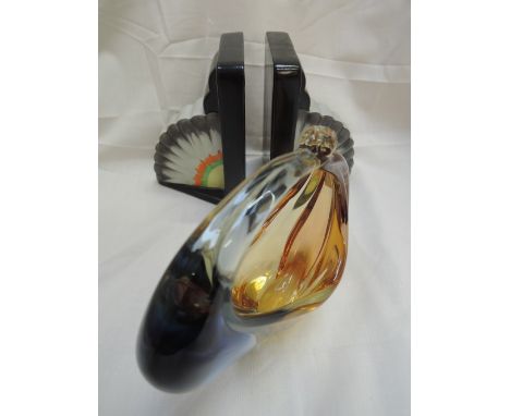 A pair of Art Deco Carltonware pottery bookends, of black stylised design and a Murano style art glass basket vase