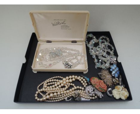 A small selection of white metal and costume jewellery including crystal beads, clip earrings, diamante and an HM silver and 