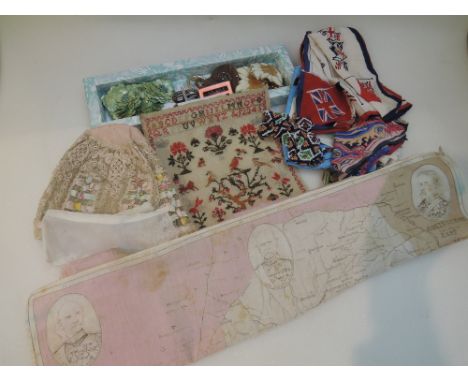 A selection of ladies accessories including handkerchiefs, belt and shoe buckles, beaded tie, embroidered panel, lacework cap